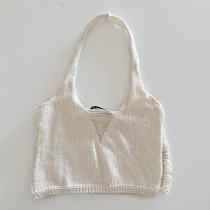 Zara Knit Cream Distressed Cutout Sides Halter Neck Crop Top Size XS